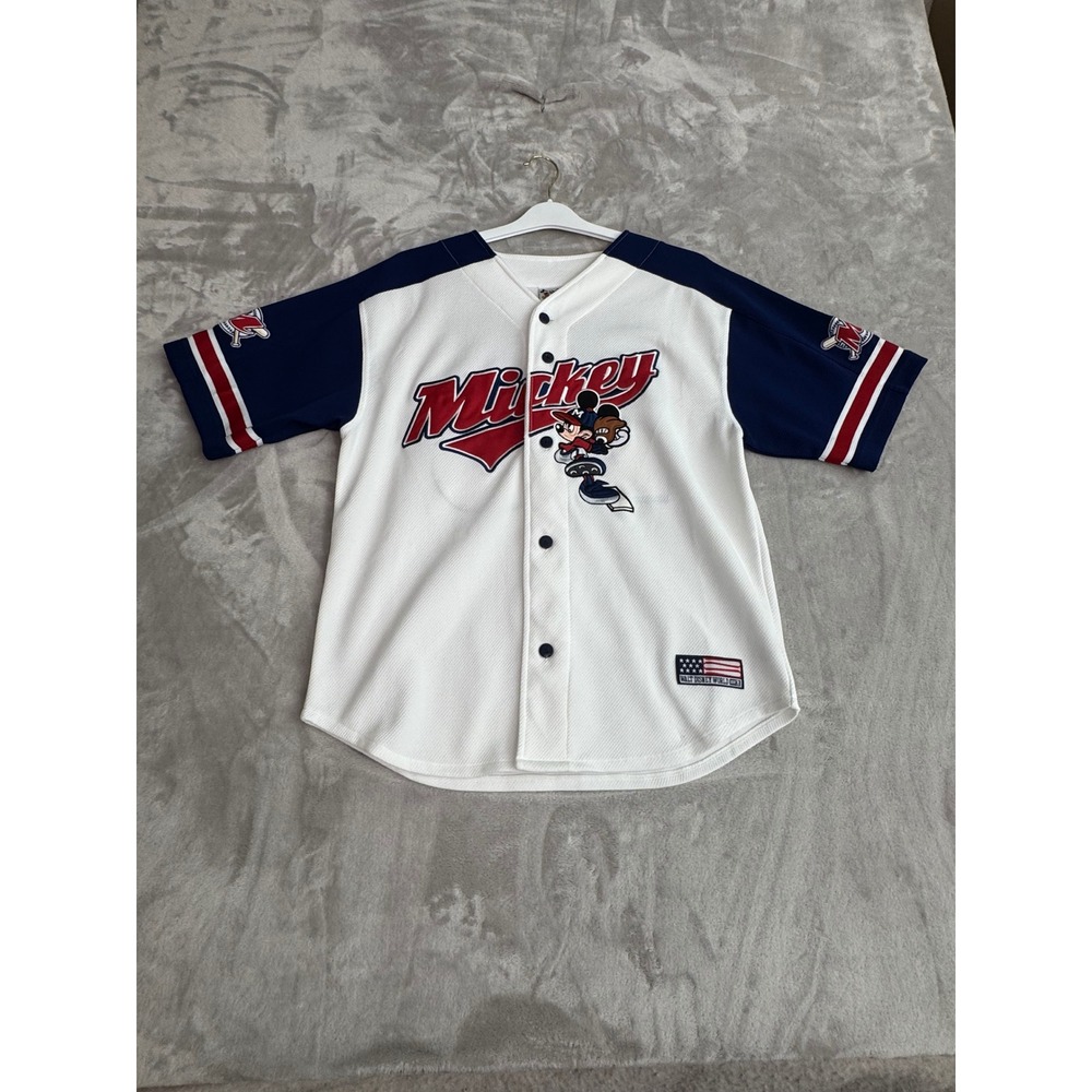 Walt Disney‎ World Mickey Mouse Baseball Jersey Kids XL 14/16 White Navy Blue 28